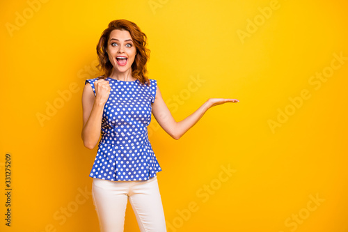 Delighted excited woman hold hand win lottery promo advert product she dream enjoy rejoice raise fists scream yes wear good look white blouse isolated yellow color background