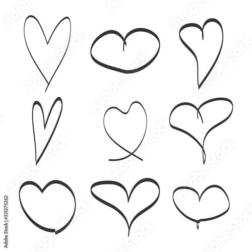 Hand drawn set hearts icons, different graphic hearts illustration design isolated on white