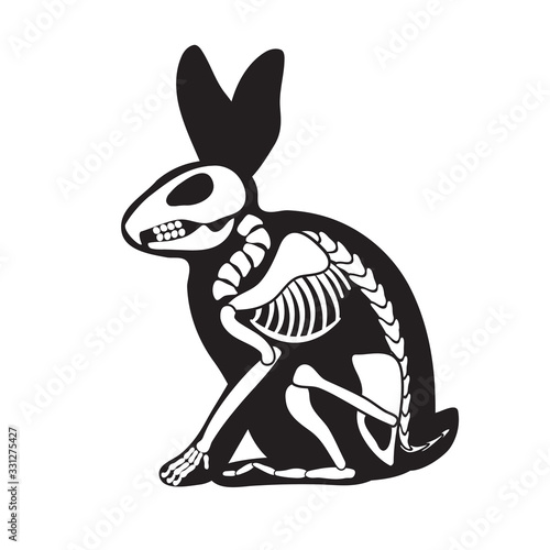 Hare is a black skeleton silhouette on a white isolated background. Vector image
