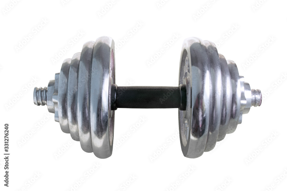 Fototapeta premium Dumbbell on a white background . Stainless steel dumbbell