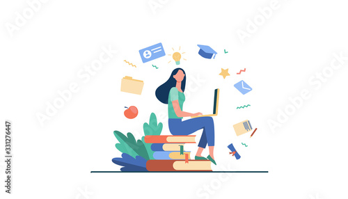 Student with laptop studying on online course. Woman sitting on stack of books and using computer. Vector illustration for internet school, knowledge, education concept photo