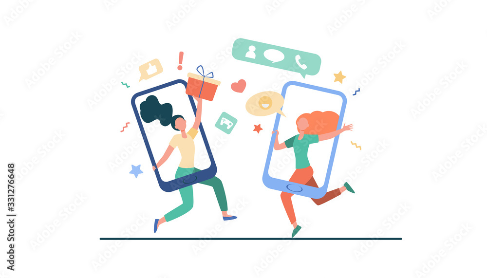 Customers sharing references and earning money. Mobile phones users chatting, exchanging gifts. Vector illustration for refer a friend, referrals, loyalty program, marketing concept