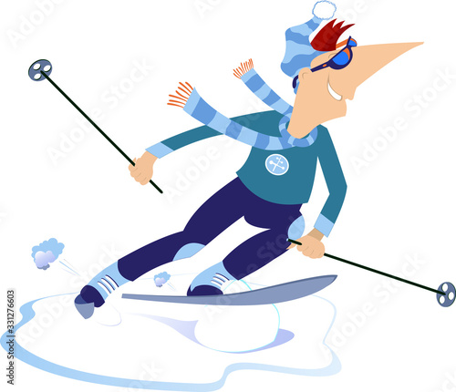 Downhill skier man illustration. Smiling man skier isolated on white