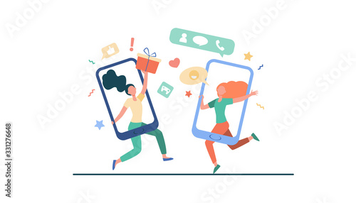 Customers sharing references and earning money. Mobile phones users chatting, exchanging gifts. Vector illustration for refer a friend, referrals, loyalty program, marketing concept