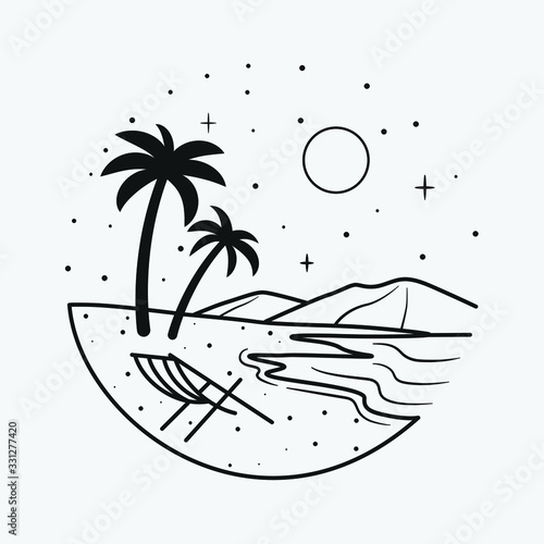 vacation summer beach vintage retro, vector line art illustration. Fun holiday, coloring book.