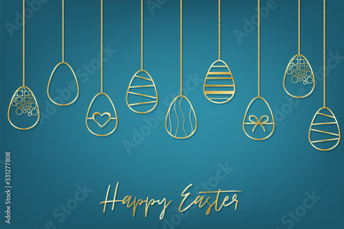 Happy Easter poster with golden eggs on blue. Holiday greeting card, advertising banner. Vector illustration.