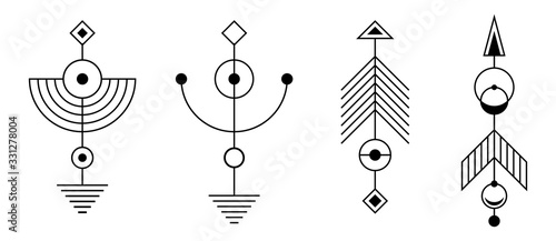 Set of four abstract geometric symbols. Sacred geometry sign with geometric shapes. Isolated on white background. Black linear shapes. Linear logo, spiritual design. Vector elements.