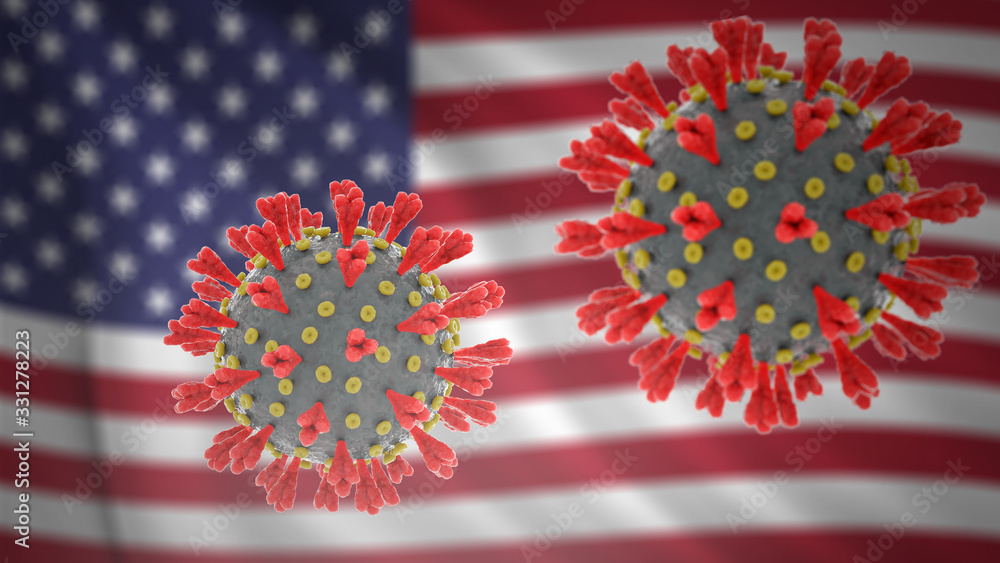 Obraz premium Coronavirus epidemic outbreak in United States of America. Concept of pandemic illness spreading in USA with flag in background. Infectious virus causing COVID-19 disease.