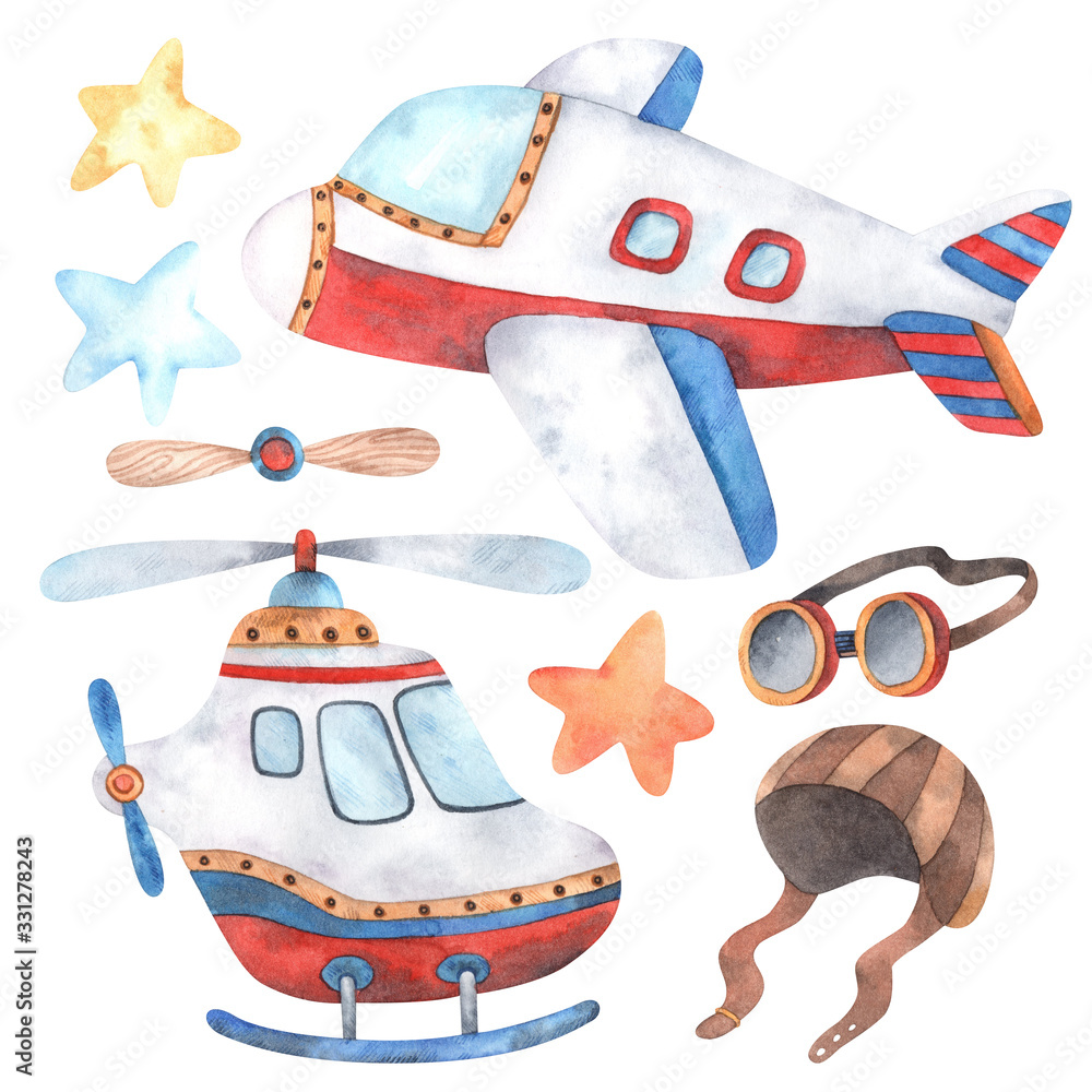 Fototapeta premium Watercolor elements on the theme of air transport and attributes for design and decoration. Clipart from air transport