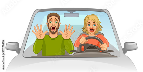 Woman drives a car with a scared man