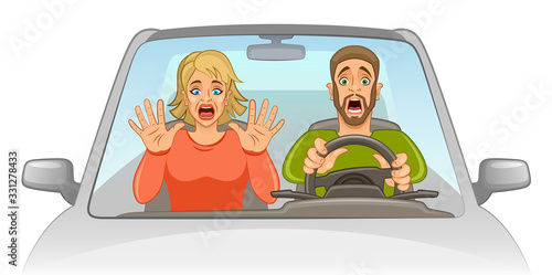 Man drives a car with a scared woman