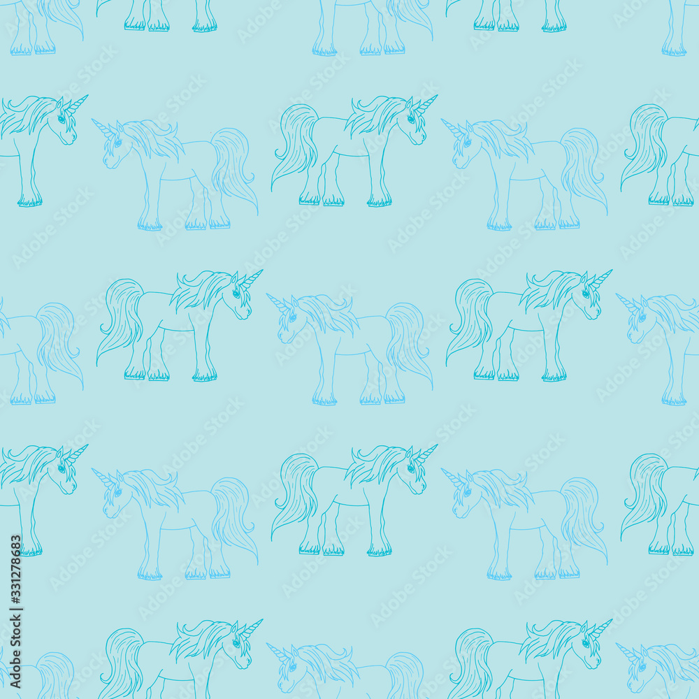 Seamless pattern in blue unicorns on light blue background for fabric, textile, clothes, blanket and other things. Vector image.
