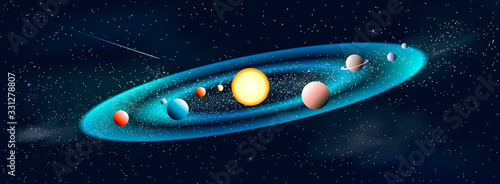 Sun and planets star system. Shining sun and planets. Solar system. Galaxy. The night starry sky. Space background
