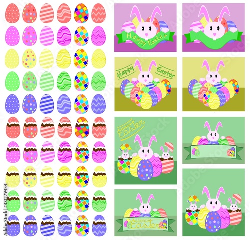 Easter vector set consisting of different colored Easter eggs and some examples of greeting cards or for sales campaigns with special offers.