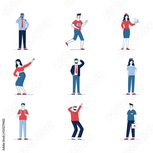 Stylish set of various cartoon people. Flat vector illustrations of man and woman standing  saluting and looking aside. Activity and lifestyle concept for banner  website design or landing web page