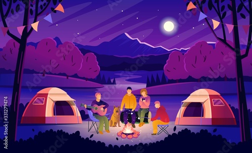 Summer Camping at night. Forest landscape with tourists around the campfire. Tourists are playing the guitar, drinking hot tea and roasting marshmallows. Flat vector illustration in cartoon style.