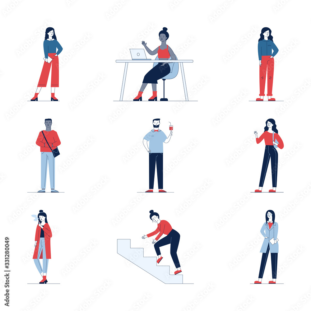 Creative collection of diverse cartoon people. Flat vector illustrations of man and woman stumbling, drinking, standing. Activity and lifestyle concept for banner, website design or landing web page