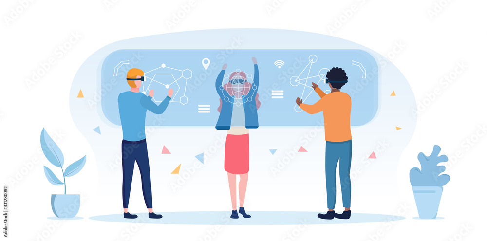 Diverse people using 3d virtual reality goggles with multiethnic people standing using a digital virtual screen simulation for augmented research, entertainment or education, vector illustration