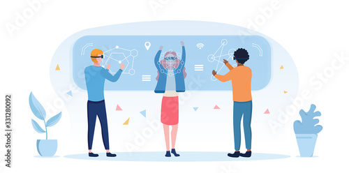 Diverse people using 3d virtual reality goggles with multiethnic people standing using a digital virtual screen simulation for augmented research, entertainment or education, vector illustration