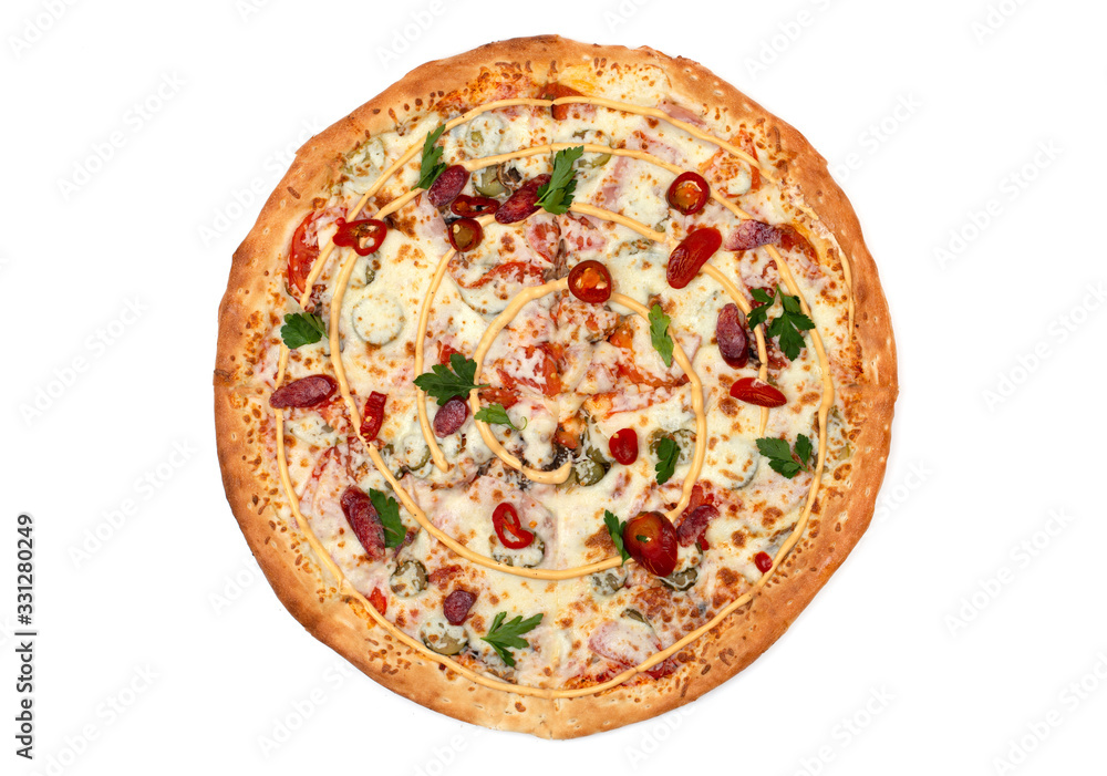 Hot pizza on a white background. Delicious pizza with cheese, sausage, jalapenos and tomatoes. Top view. Hot pizza on a white background. Delicious pizza with cheese, sausage, jalapenos and tomatoes. Top view.