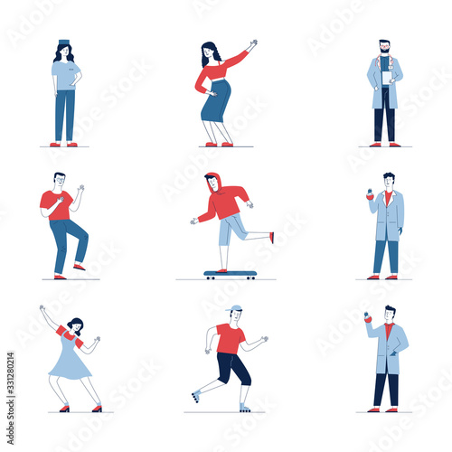 Colorful cartoon people big collection. Flat vector illustrations of man and woman dancing, skating, standing. Everyday activity and lifestyle concept for banner, website design or landing web page