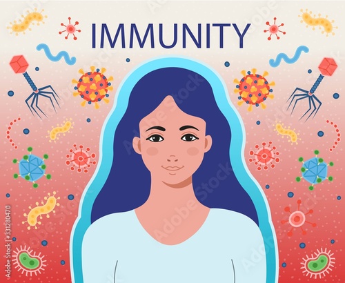 Women's immunity fights viruses and bacteria.Background with infection bacteria and pandemic virus. Corona Virus 2020. Vector illustration.