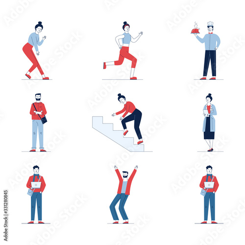 Modern set of diverse various people. Flat vector illustrations of man and woman jogging  holding and stumbling. Activity and lifestyle concept for banner  website design or landing web page