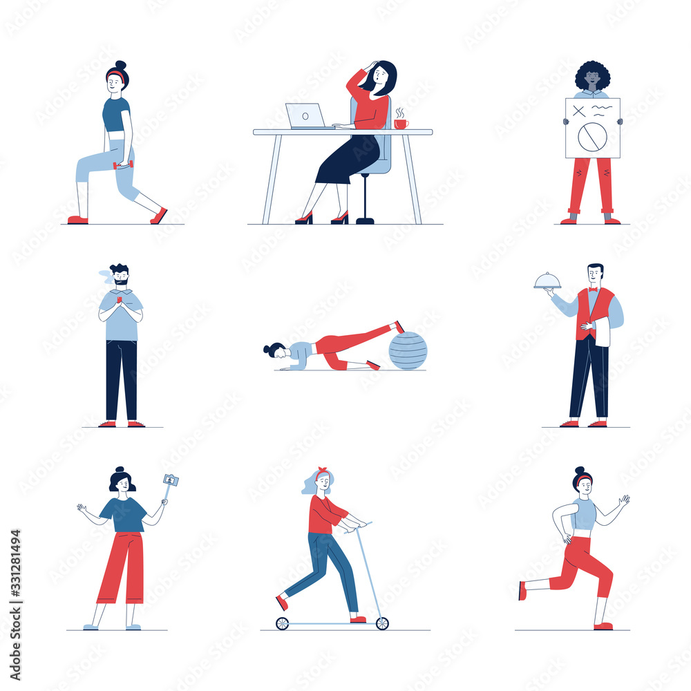Fototapeta premium Trendy set of diverse cartoon people. Flat vector illustrations of man and woman standing, squatting, smoking. Everyday activity and lifestyle concept for banner, website design or landing web page
