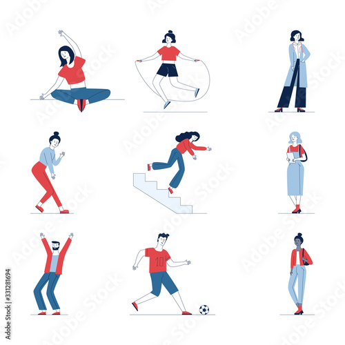 Creative collection of various cartoon people. Flat vector illustrations of man and woman stumbling, dancing, skipping. Activity and lifestyle concept for banner, website design or landing web page
