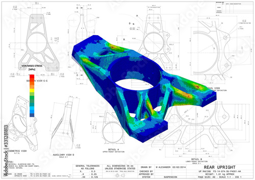3D Illustration. Von Mises stress isometric view of car suspension upright with scale on top of engineering technical drawing	
