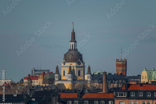 Sky line over the district Södermalm with the church Katarina kyrka and the water tower at Mosebacke in the background.