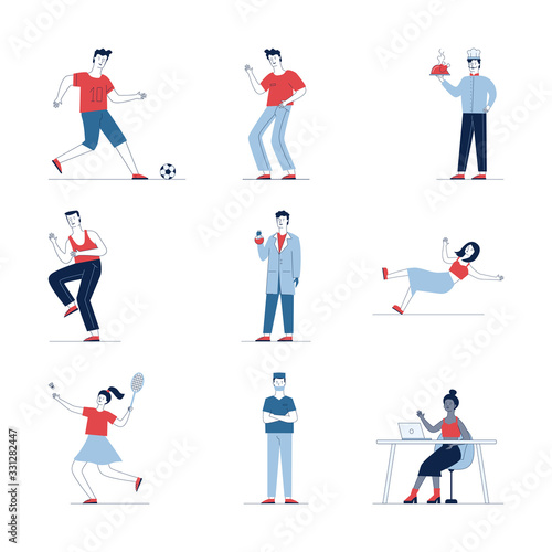 Colorful collection of various cartoon people. Flat vector illustrations of man and woman waving  sitting  playing. Activity and lifestyle concept for banner  website design or landing web page