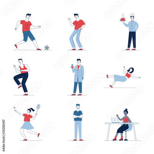 Colorful collection of various cartoon people. Flat vector illustrations of man and woman waving, sitting, playing. Activity and lifestyle concept for banner, website design or landing web page
