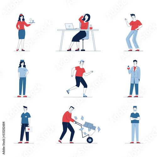 Large set of diverse cartoon people. Flat vector illustrations of man and woman standing, waving, sitting. Everyday activity and lifestyle concept for banner, website design or landing web page