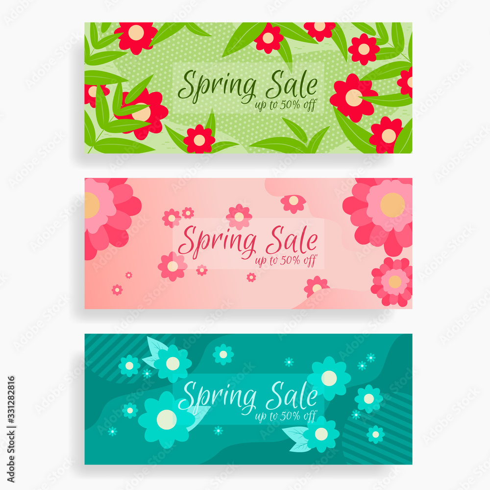 Set of spring promo banners with discount up to 50% green blue and pink with flowers and leaves isolated on a white background
