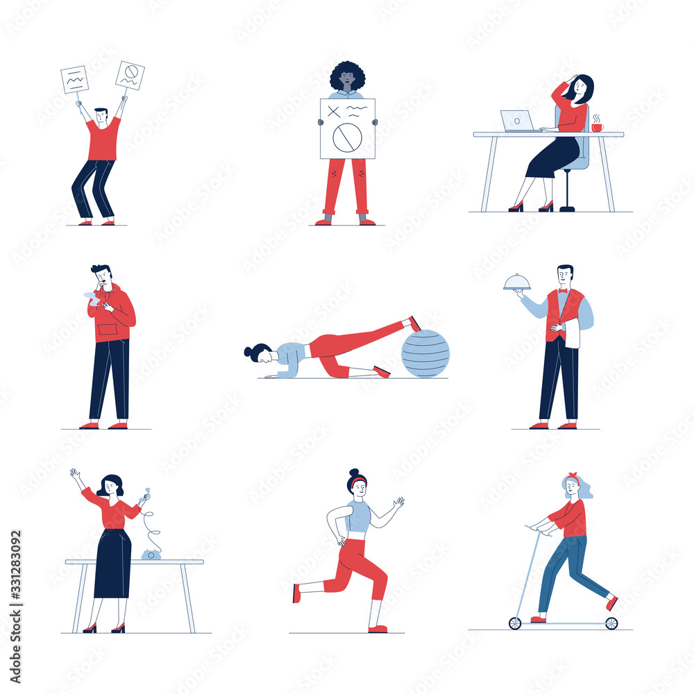 Large set of various cartoon people. Flat vector illustrations of man, woman exercising, running, and smoking. Activity and lifestyle concept for banner, website design or landing web page