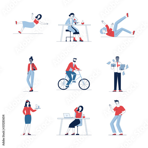 Trendy set of different cartoon people. Flat vector illustrations of man and woman holding, stumbling and cycling. Activity and lifestyle concept for banner, website design or landing web page