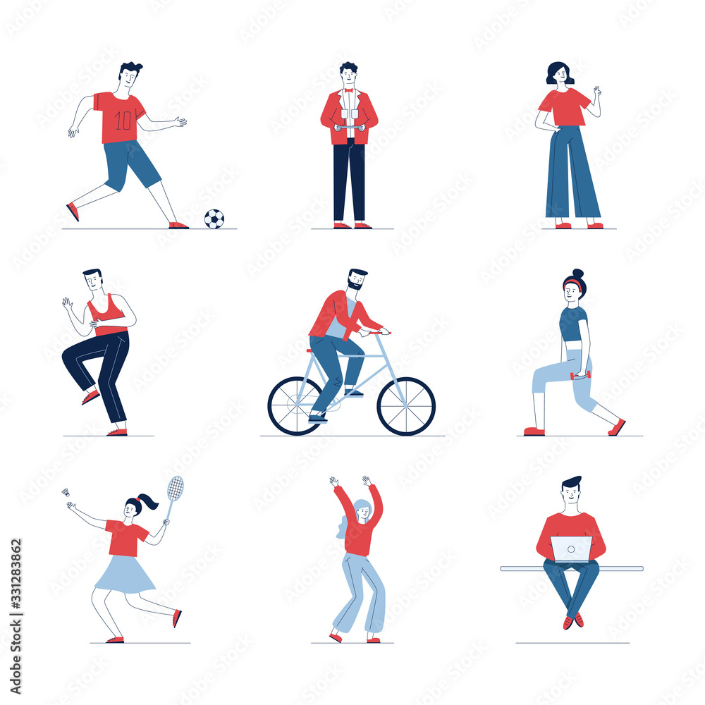 Stylish collection of diverse cartoon people. Flat vector illustrations of man and woman cycling, playing, standing. Activity and lifestyle concept for banner, website design or landing web page