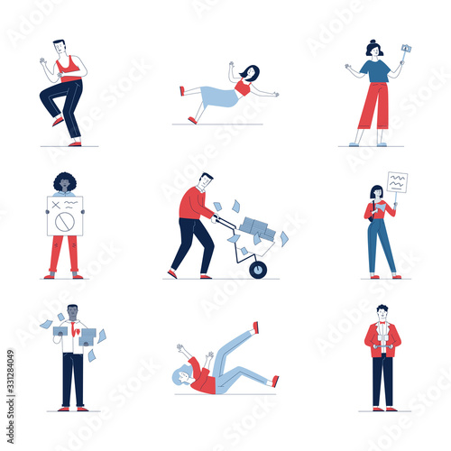 Set of different cartoon people. Flat vector illustrations of man and woman standing, falling, and running. Everyday activity and lifestyle concept for banner, website design or landing web page