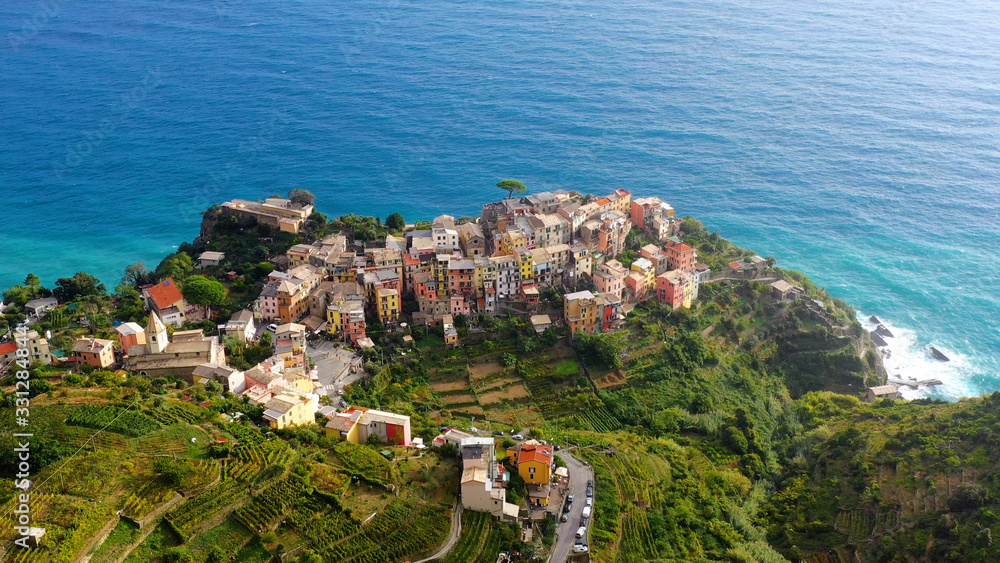 Corniglia - Village of Cinque Terre National Park at Coast of Italy. Province of La Spezia, Liguria, in the north of Italy - Aerial View - Travel destination and attractions in Europe.	