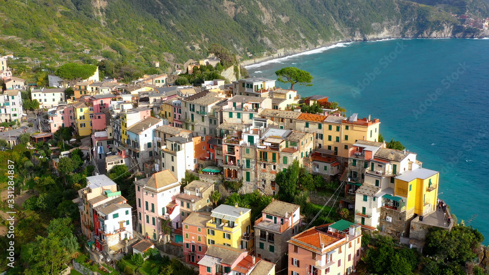 Aerial view of the Village of Manarola, Cinque Terre coast of Italy. magnificent seen from the Italian coast, Manarola is a small town in Liguria, in the north of Italy	