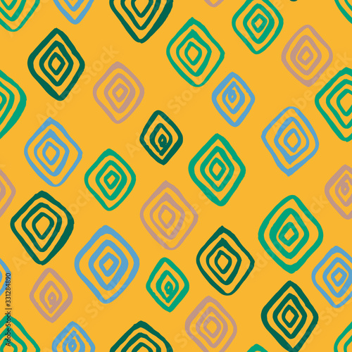 Seamless pattern. White rhombuses on a yellow background. Hand-drawn pattern. Simple geometric uneven shapes.