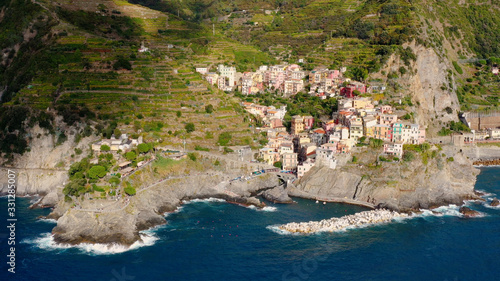 Aerial view of the Village of Manarola, Cinque Terre coast of Italy. magnificent seen from the Italian coast, Manarola is a small town in Liguria, in the north of Italy 
