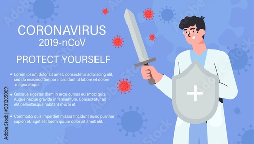 Doctor or medical health care scpecialist fighting with coronavirus pandemic or coronavirus disease 2019 COVID-19. Concept of informing people about self protective measures, symptoms and prevention.