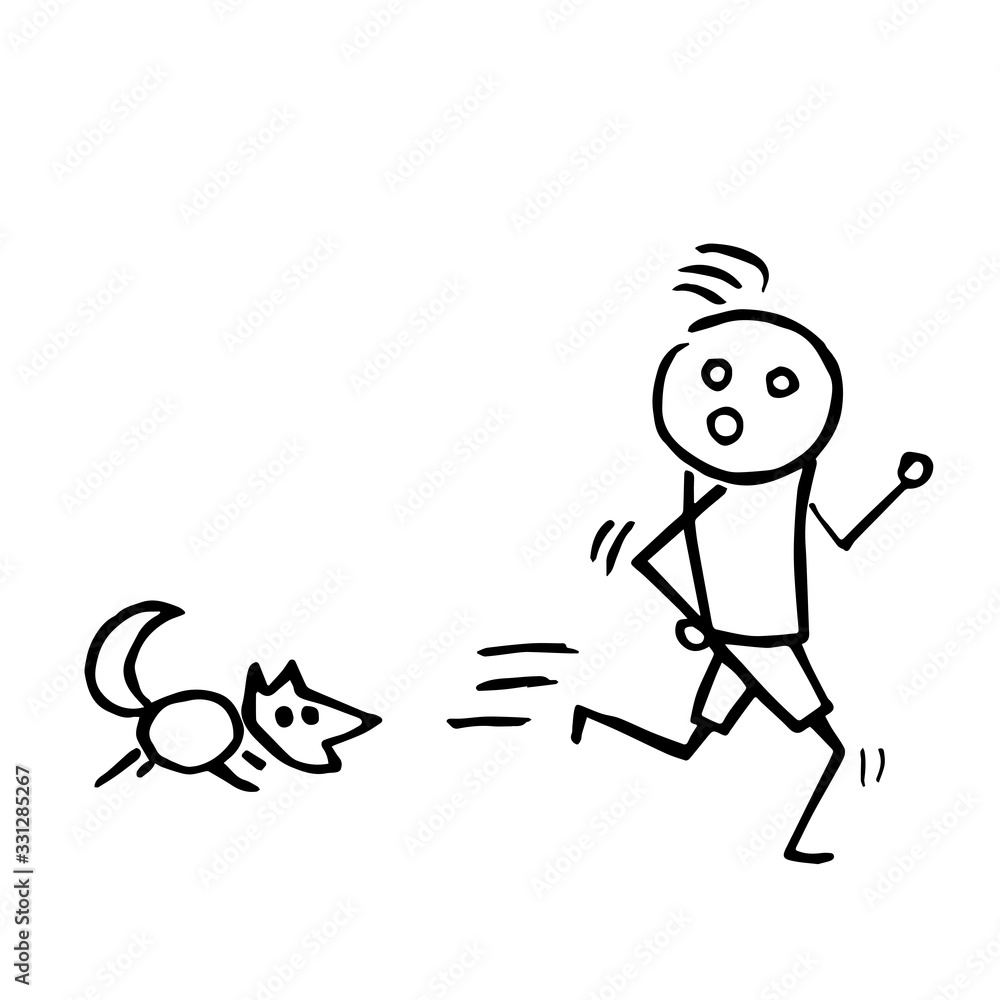 Obraz premium Creative hand drawing with a stick man running from a barking dog. Illustration in grunge style.