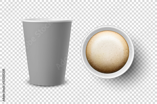 Vector 3d Realistic Gray Disposable Opened Paper, Plastic Coffee Cup for Drinks Icon Set Closeup Isolated on Transparent Background. Design Template, Mockup. Top and Front View