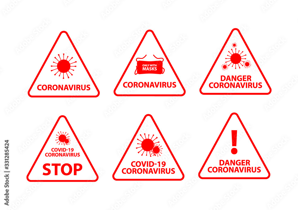 Obraz premium Set of vector illustration. Sign caution coronavirus. Coronavirus outbreak. Coronavirus danger and public health risk disease and flu outbreak. Pandemic medical concept with dangerous cells