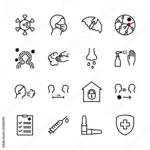 Coronavirus line icon set. Included icons as virus, outbreak, contagious, contagion, infection and more.