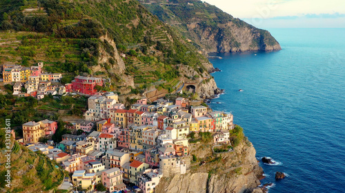 Fototapeta Naklejka Na Ścianę i Meble -  Village of Manarola in aerial view, Cinque Terre coast of Italy. Manarola is a small town in the province of La Spezia, in Liguria, in northern Italy and one of the Cinque Terre attractions for touris