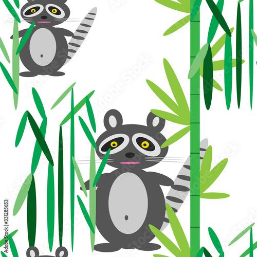 Fototapeta Naklejka Na Ścianę i Meble -  Seamless pattern with cartoon black and white lemur, green bamboo, for fabric, children's wallpaper and holidays, paper, postcard, blue background